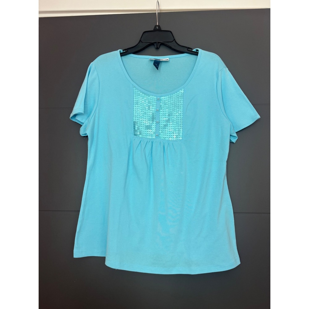 Karen Scott Womens XL Blue Sequin Bib Scoop Neck Short Sleeve T-Shirt‎ Top